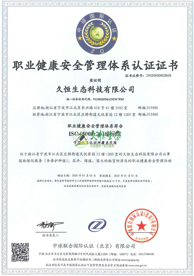 宁波高新职业健康安全管理体系ISO45001证书